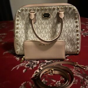 Michael Kors White and Pink Studded Satchel w/ Matching Wallet